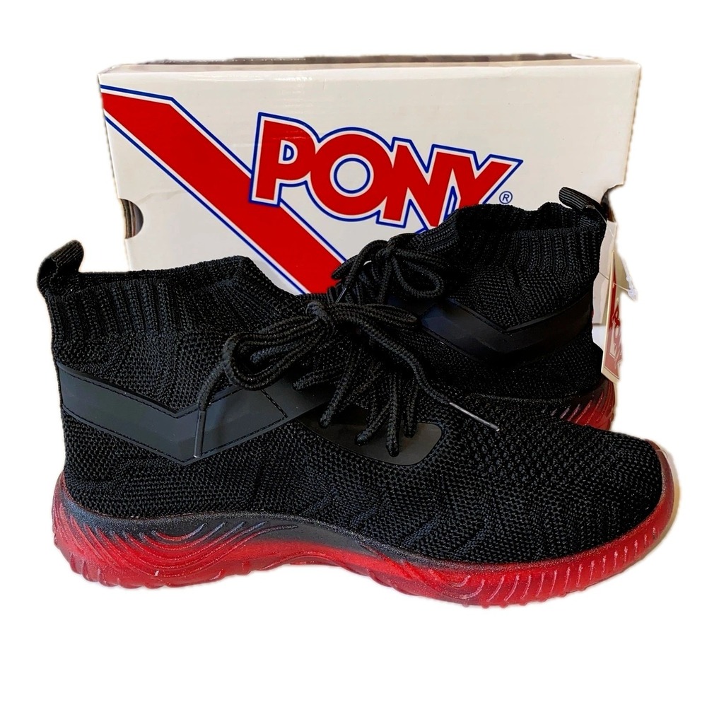 New Pony 7 Black Red Jelly Knit Sock Fabric Hi Top Sneakers Athletic Shoes